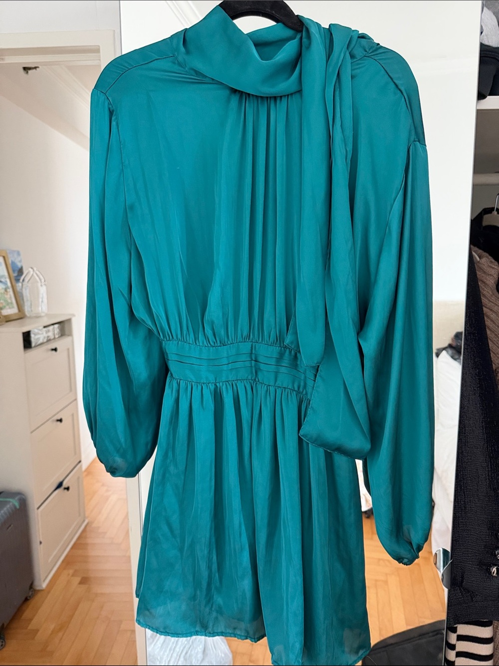 Zara Teal Long-Sleeve Tie-Neck Mini Dress